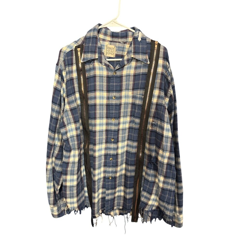 Women's OS Distressed Plaid Button-Up Shirt With Zipper Accents By Furst Of A Ki